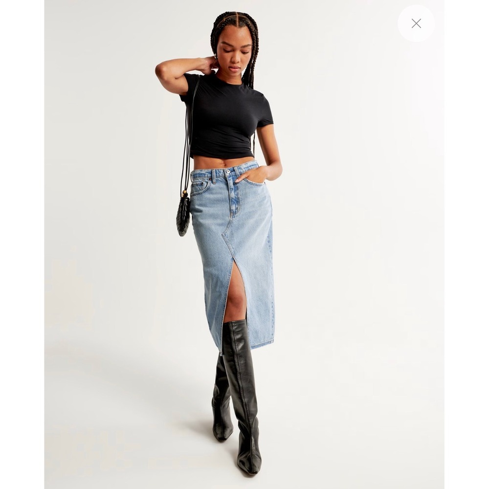 Abercrombie & Fitch Light Blue Denim Midi Skirt with Front Slit